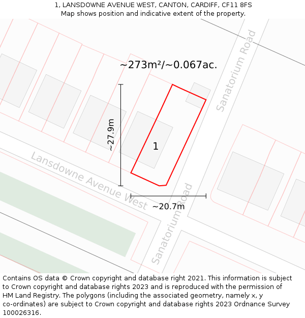 1, LANSDOWNE AVENUE WEST, CANTON, CARDIFF, CF11 8FS: Plot and title map