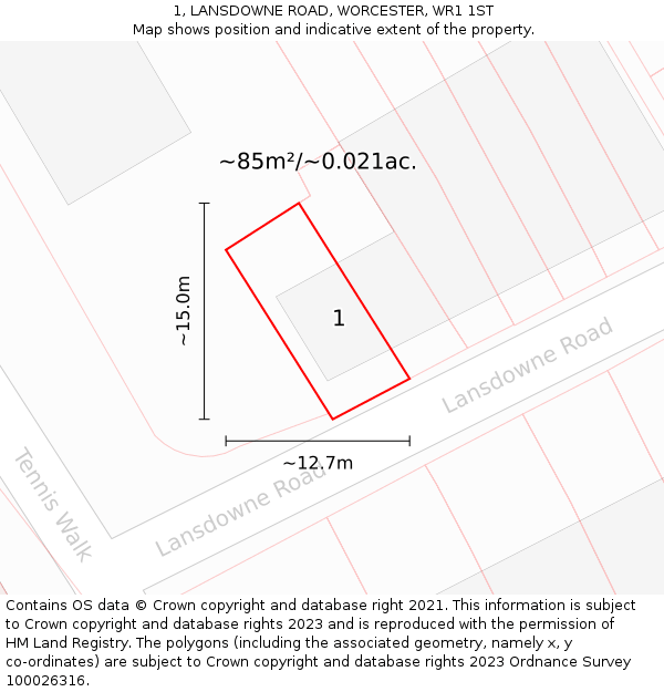 1, LANSDOWNE ROAD, WORCESTER, WR1 1ST: Plot and title map