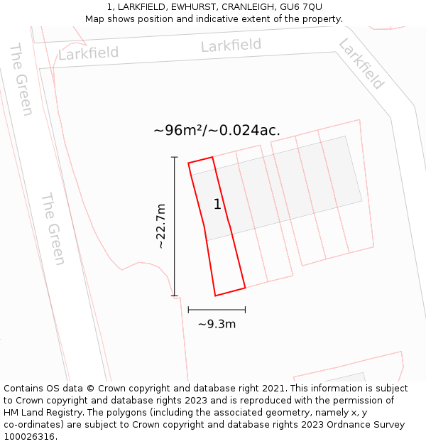 1, LARKFIELD, EWHURST, CRANLEIGH, GU6 7QU: Plot and title map