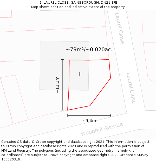 1, LAUREL CLOSE, GAINSBOROUGH, DN21 1FE: Plot and title map