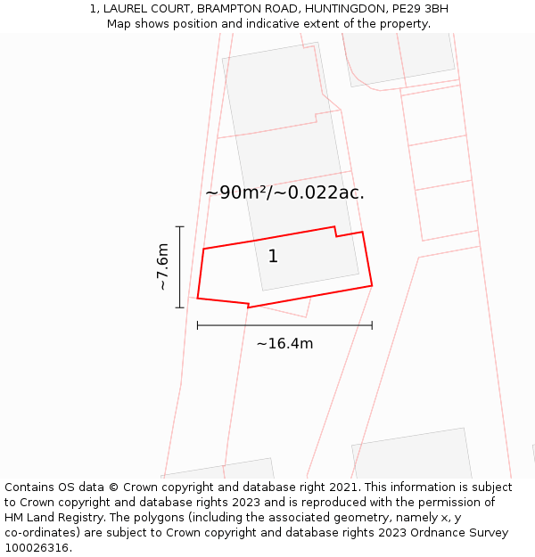 1, LAUREL COURT, BRAMPTON ROAD, HUNTINGDON, PE29 3BH: Plot and title map