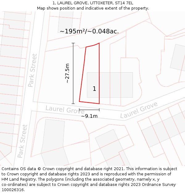 1, LAUREL GROVE, UTTOXETER, ST14 7EL: Plot and title map