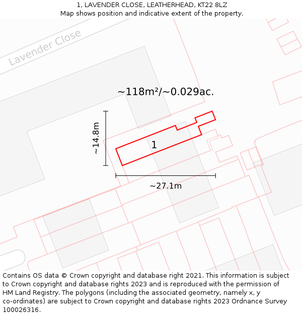 1, LAVENDER CLOSE, LEATHERHEAD, KT22 8LZ: Plot and title map