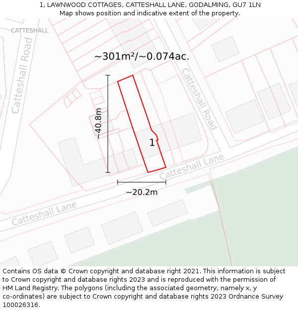 1, LAWNWOOD COTTAGES, CATTESHALL LANE, GODALMING, GU7 1LN: Plot and title map