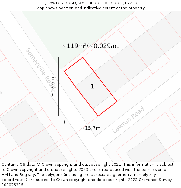 1, LAWTON ROAD, WATERLOO, LIVERPOOL, L22 9QJ: Plot and title map