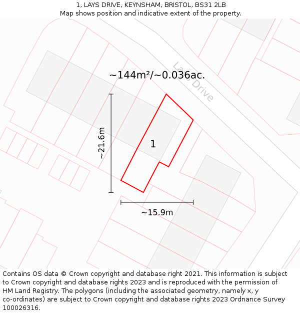 1, LAYS DRIVE, KEYNSHAM, BRISTOL, BS31 2LB: Plot and title map