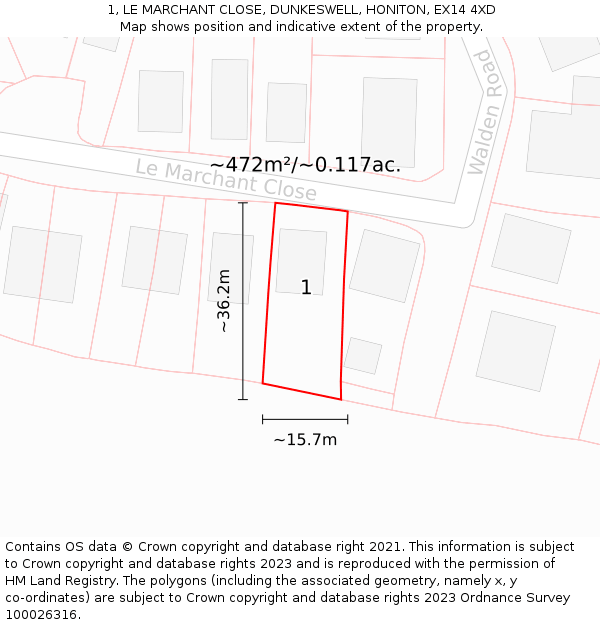 1, LE MARCHANT CLOSE, DUNKESWELL, HONITON, EX14 4XD: Plot and title map