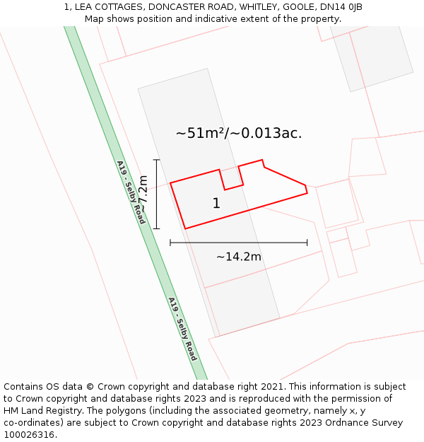 1, LEA COTTAGES, DONCASTER ROAD, WHITLEY, GOOLE, DN14 0JB: Plot and title map