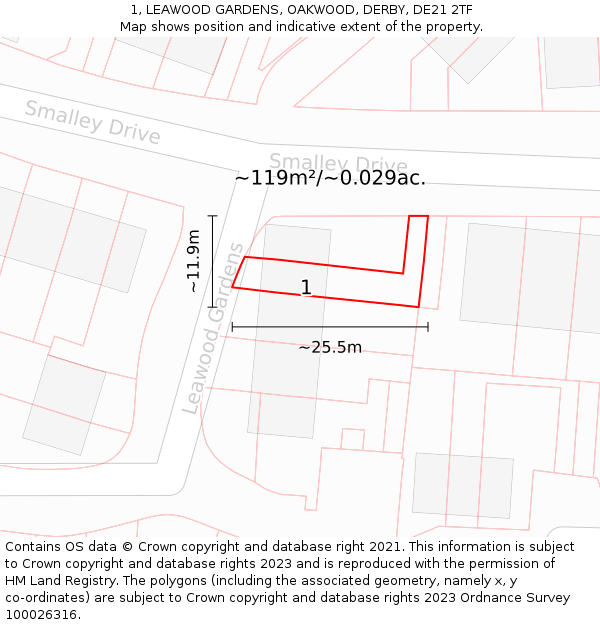 1, LEAWOOD GARDENS, OAKWOOD, DERBY, DE21 2TF: Plot and title map