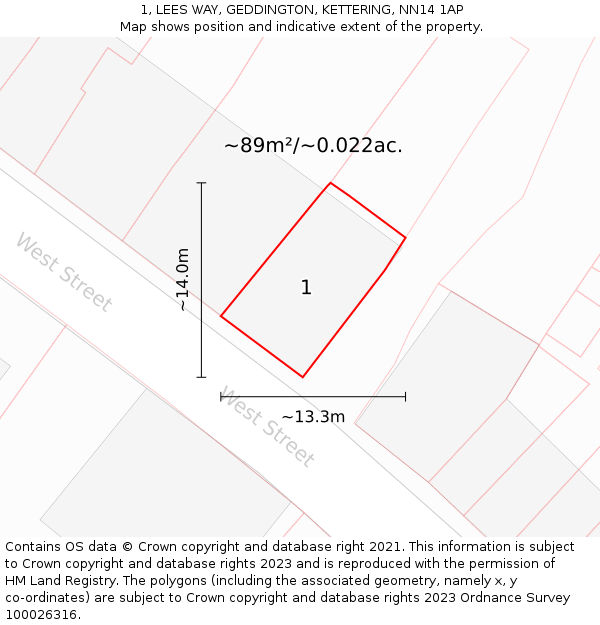1, LEES WAY, GEDDINGTON, KETTERING, NN14 1AP: Plot and title map