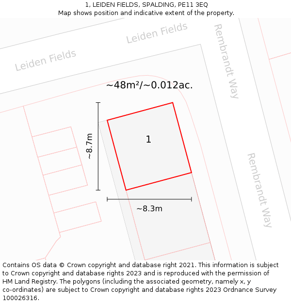 1, LEIDEN FIELDS, SPALDING, PE11 3EQ: Plot and title map