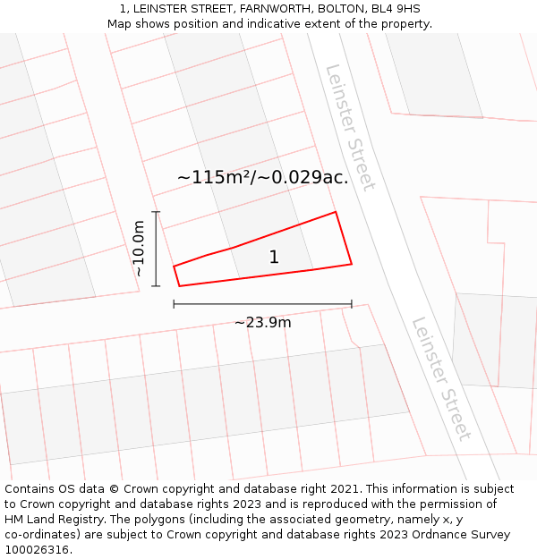 1, LEINSTER STREET, FARNWORTH, BOLTON, BL4 9HS: Plot and title map