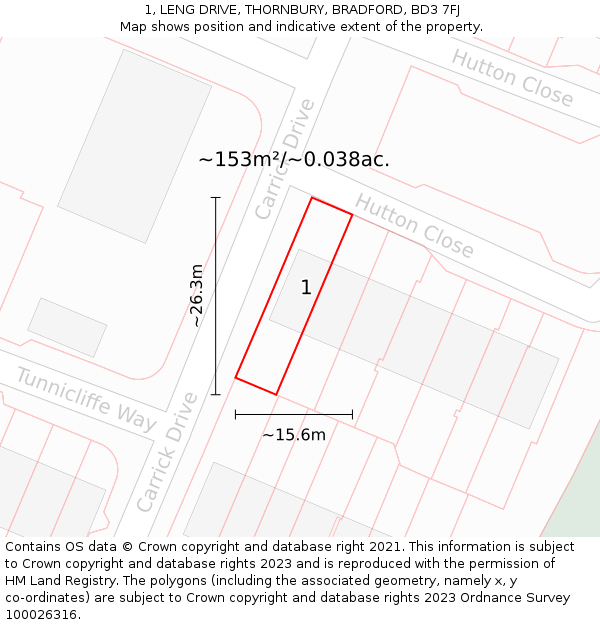 1, LENG DRIVE, THORNBURY, BRADFORD, BD3 7FJ: Plot and title map