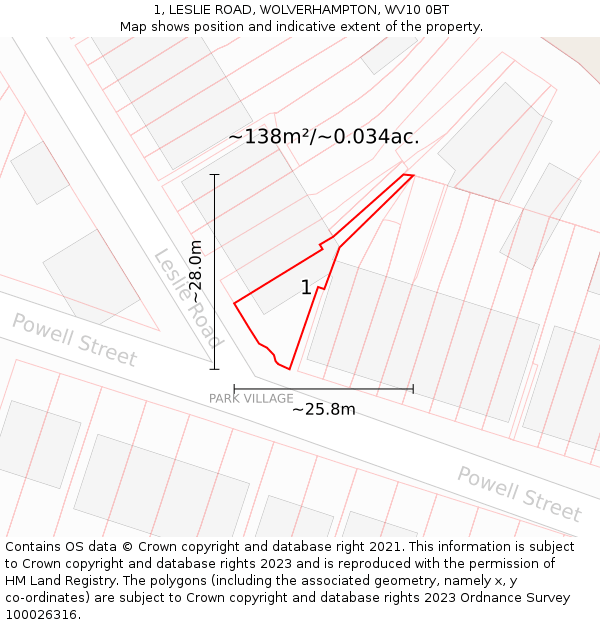 1, LESLIE ROAD, WOLVERHAMPTON, WV10 0BT: Plot and title map