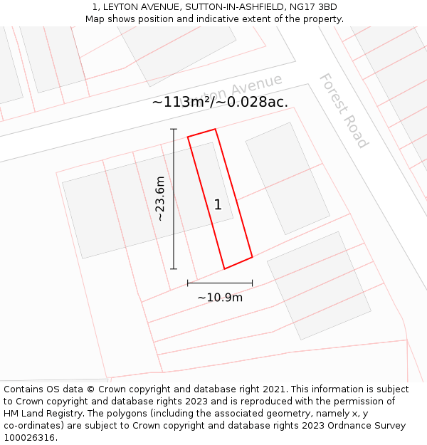 1, LEYTON AVENUE, SUTTON-IN-ASHFIELD, NG17 3BD: Plot and title map