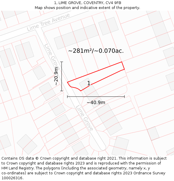 1, LIME GROVE, COVENTRY, CV4 9FB: Plot and title map