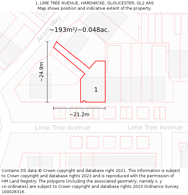 1, LIME TREE AVENUE, HARDWICKE, GLOUCESTER, GL2 4AS: Plot and title map