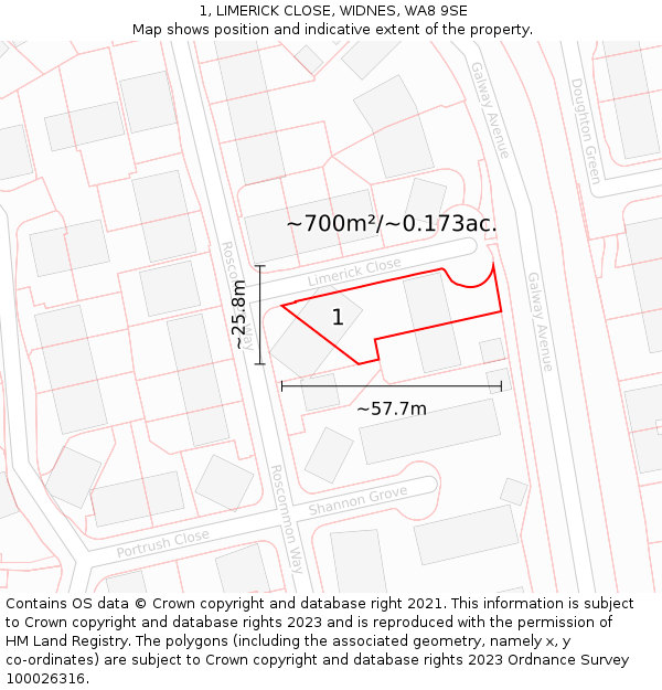 1, LIMERICK CLOSE, WIDNES, WA8 9SE: Plot and title map