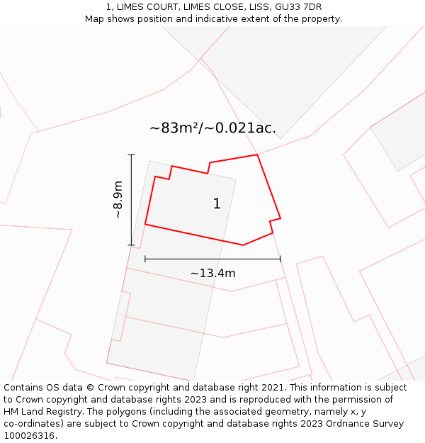 1, LIMES COURT, LIMES CLOSE, LISS, GU33 7DR: Plot and title map