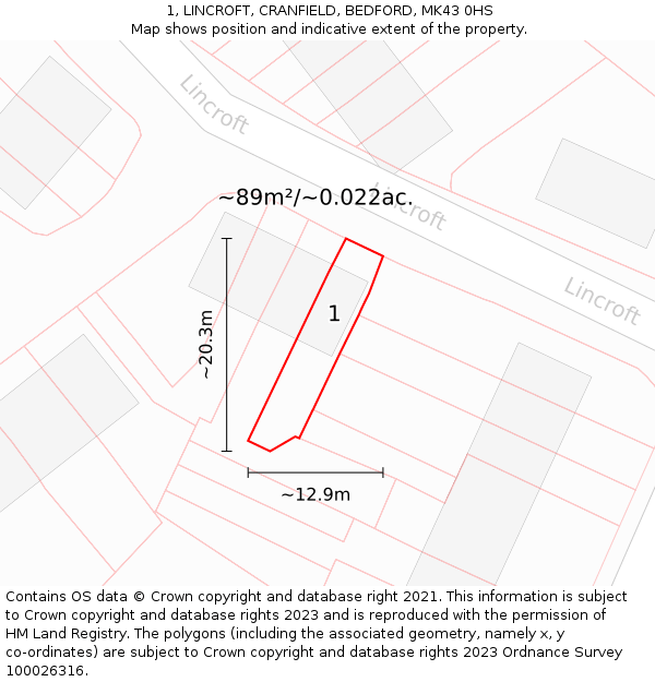 1, LINCROFT, CRANFIELD, BEDFORD, MK43 0HS: Plot and title map