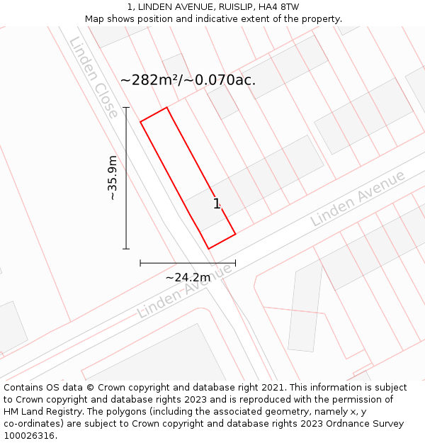 1, LINDEN AVENUE, RUISLIP, HA4 8TW: Plot and title map