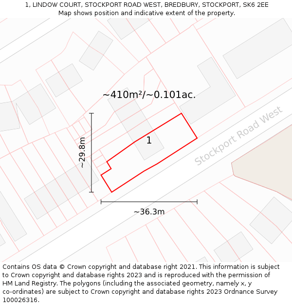 1, LINDOW COURT, STOCKPORT ROAD WEST, BREDBURY, STOCKPORT, SK6 2EE: Plot and title map