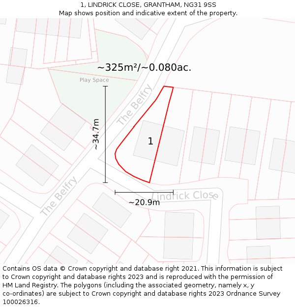 1, LINDRICK CLOSE, GRANTHAM, NG31 9SS: Plot and title map