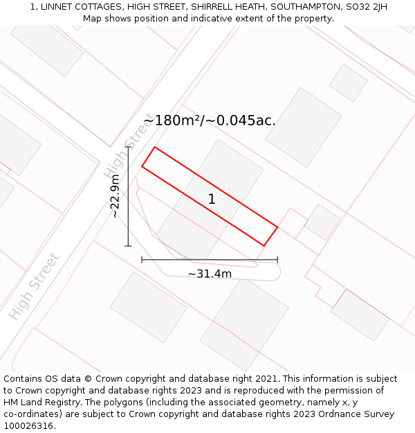 1, LINNET COTTAGES, HIGH STREET, SHIRRELL HEATH, SOUTHAMPTON, SO32 2JH: Plot and title map