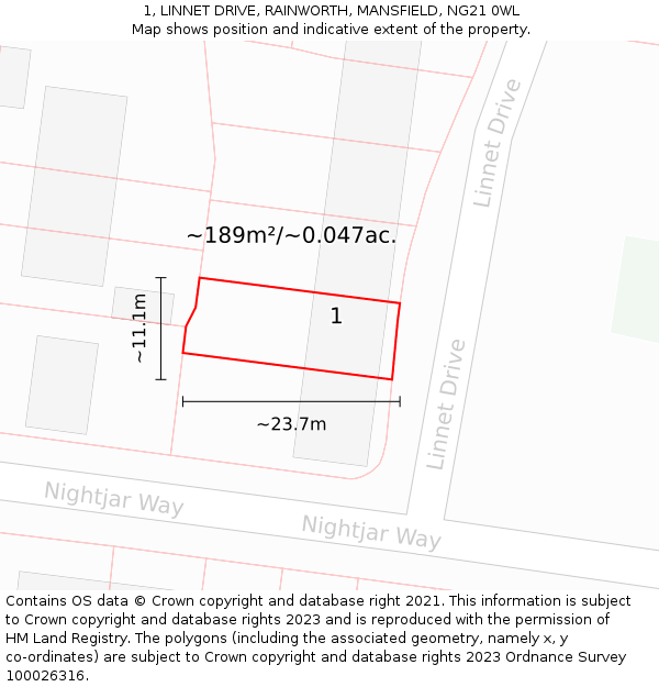 1, LINNET DRIVE, RAINWORTH, MANSFIELD, NG21 0WL: Plot and title map