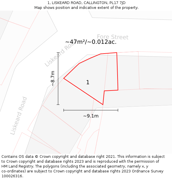 1, LISKEARD ROAD, CALLINGTON, PL17 7JD: Plot and title map