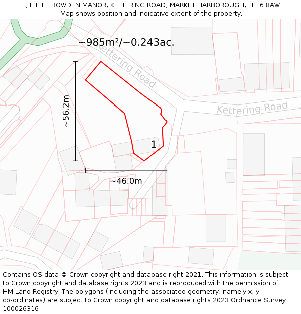 1, LITTLE BOWDEN MANOR, KETTERING ROAD, MARKET HARBOROUGH, LE16 8AW: Plot and title map