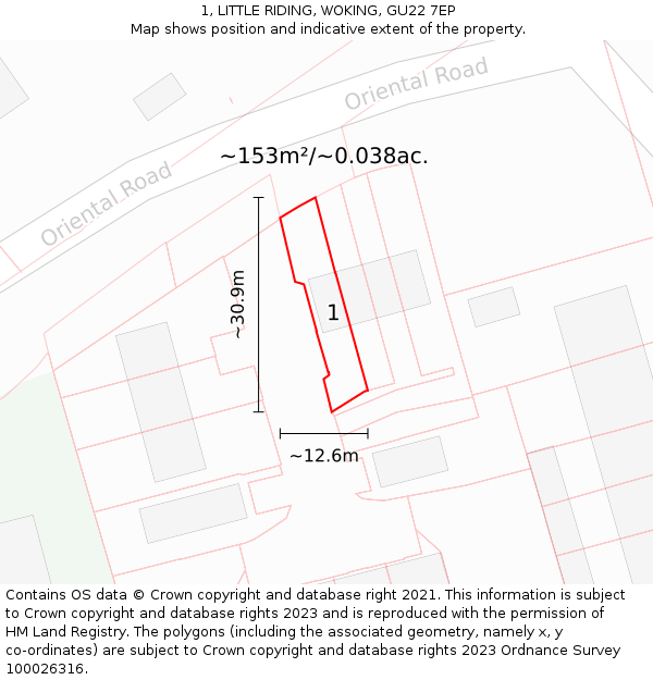 1, LITTLE RIDING, WOKING, GU22 7EP: Plot and title map