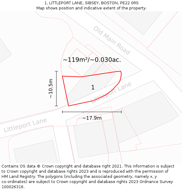1, LITTLEPORT LANE, SIBSEY, BOSTON, PE22 0RS: Plot and title map