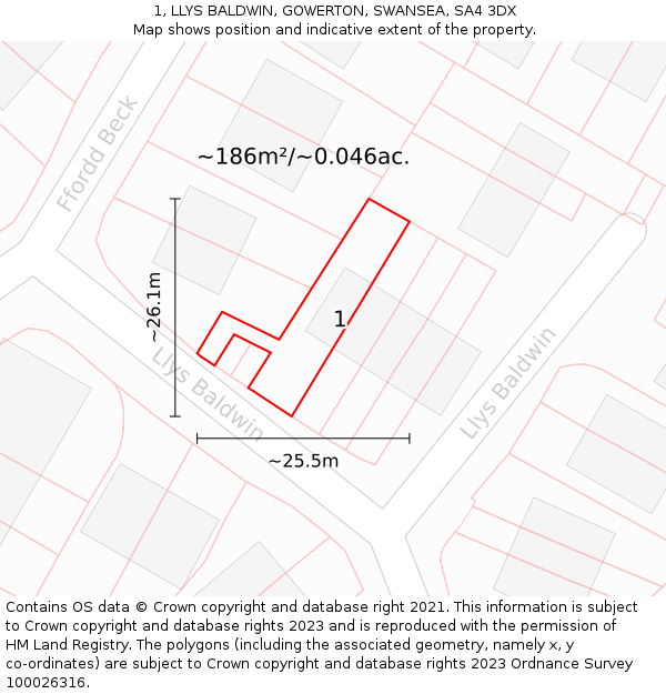 1, LLYS BALDWIN, GOWERTON, SWANSEA, SA4 3DX: Plot and title map