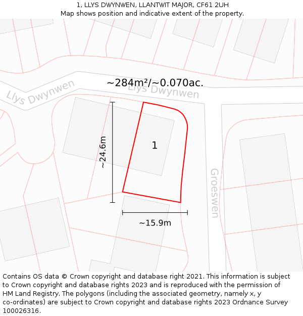 1, LLYS DWYNWEN, LLANTWIT MAJOR, CF61 2UH: Plot and title map