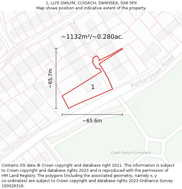 1, LLYS GWILYM, CLYDACH, SWANSEA, SA6 5PX: Plot and title map