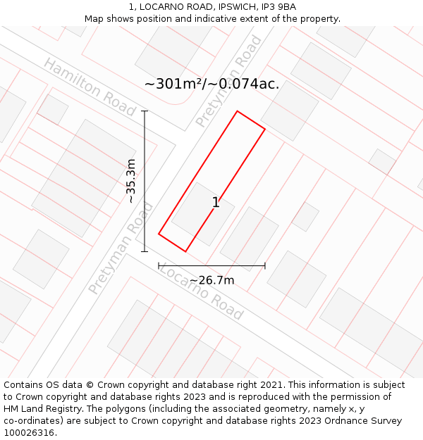 1, LOCARNO ROAD, IPSWICH, IP3 9BA: Plot and title map