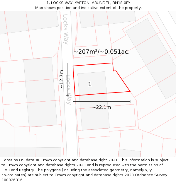 1, LOCKS WAY, YAPTON, ARUNDEL, BN18 0FY: Plot and title map