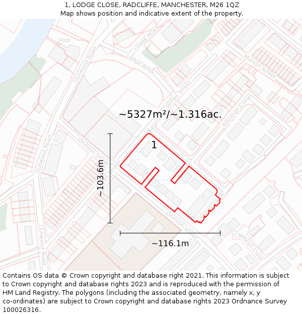 1, LODGE CLOSE, RADCLIFFE, MANCHESTER, M26 1QZ: Plot and title map