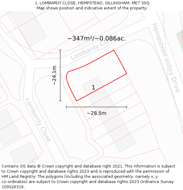 1, LOMBARDY CLOSE, HEMPSTEAD, GILLINGHAM, ME7 3SQ: Plot and title map