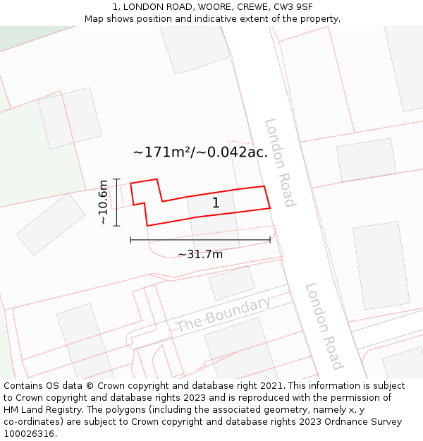 1, LONDON ROAD, WOORE, CREWE, CW3 9SF: Plot and title map