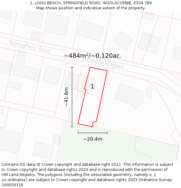 1, LONG BEACH, SPRINGFIELD ROAD, WOOLACOMBE, EX34 7BX: Plot and title map