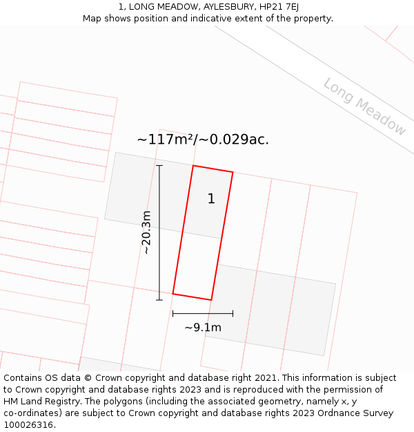 1, LONG MEADOW, AYLESBURY, HP21 7EJ: Plot and title map