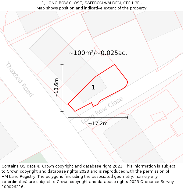 1, LONG ROW CLOSE, SAFFRON WALDEN, CB11 3FU: Plot and title map