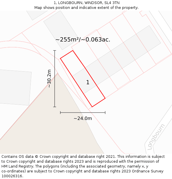 1, LONGBOURN, WINDSOR, SL4 3TN: Plot and title map