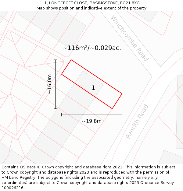 1, LONGCROFT CLOSE, BASINGSTOKE, RG21 8XG: Plot and title map