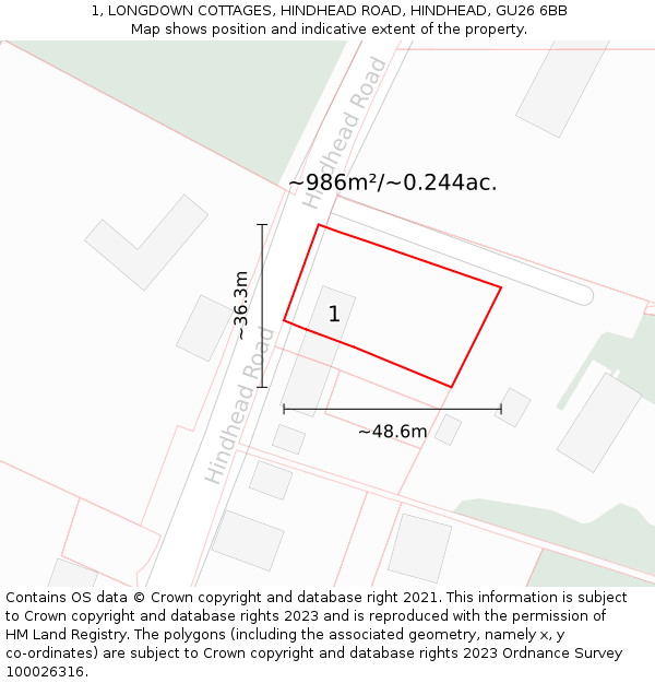 1, LONGDOWN COTTAGES, HINDHEAD ROAD, HINDHEAD, GU26 6BB: Plot and title map