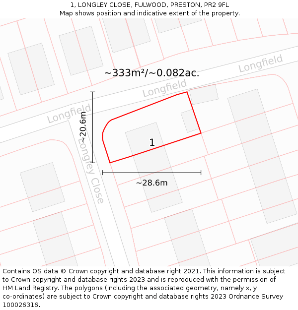 1, LONGLEY CLOSE, FULWOOD, PRESTON, PR2 9FL: Plot and title map