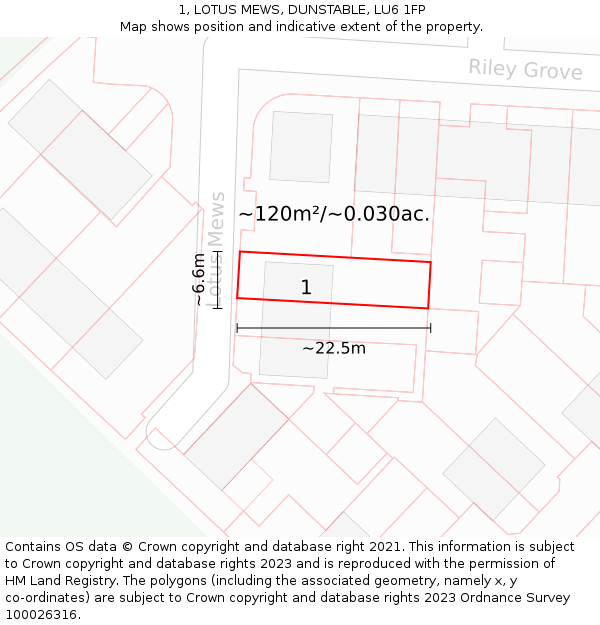 1, LOTUS MEWS, DUNSTABLE, LU6 1FP: Plot and title map
