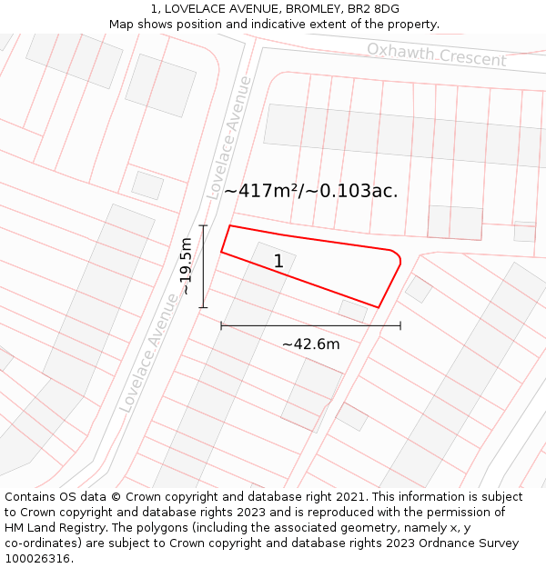 1, LOVELACE AVENUE, BROMLEY, BR2 8DG: Plot and title map